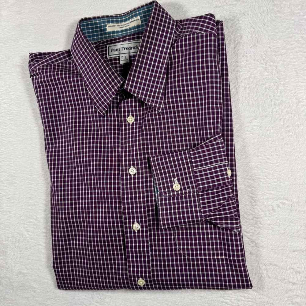 Paul Fredrick Button Up Mens 17-33 Purple Gingham Non-Iron Cotton Check Shirt